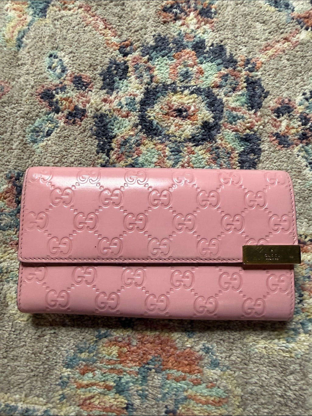 Gucci Pink Patent Embossed Gg Continental Wallet With Gold-Tone Plate
